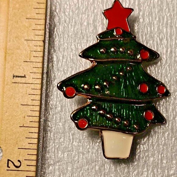 Christmas Tree Brooch Pin Green Red Holidays VTG - Picture 4 of 5